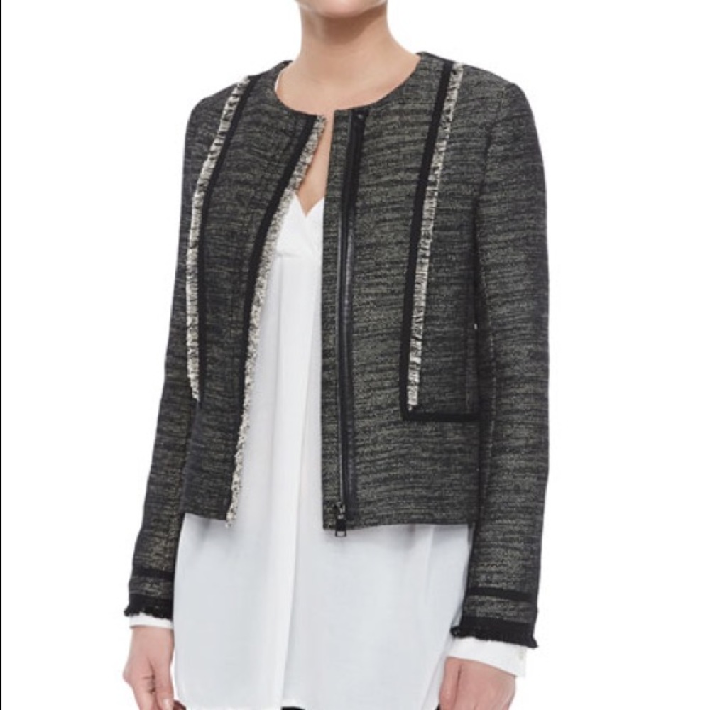 Vince black boucle fringe zip blazer jacket NWOT